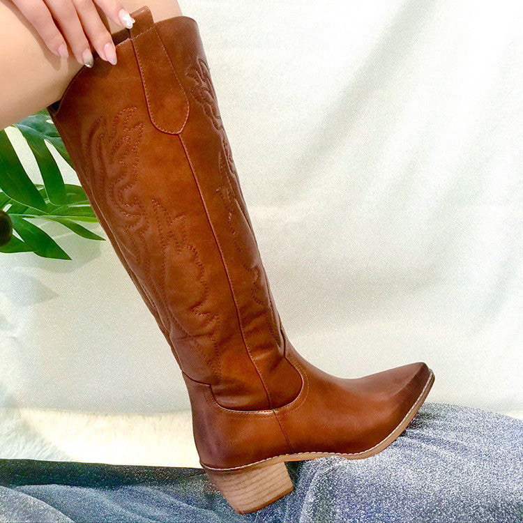 Women's Vintage Chunky Heel PU Leather Pointed Toe Western Cowboy Boots